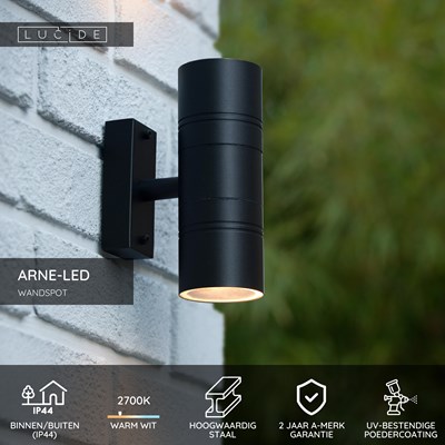 Lucide ARNE-LED - Wandspot / Wandlamp Binnen/Buiten - Ø 6,3 cm - LED - GU10 - 2x5W 2700K - IP44 - Zwart